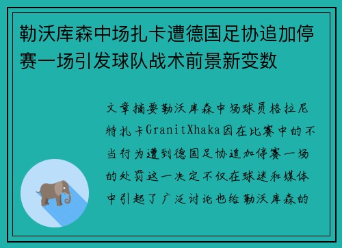 勒沃库森中场扎卡遭德国足协追加停赛一场引发球队战术前景新变数